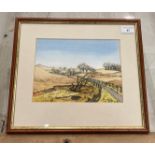 Bell Busk 018? small framed watercolour of track in undulating farmland leading to village in the