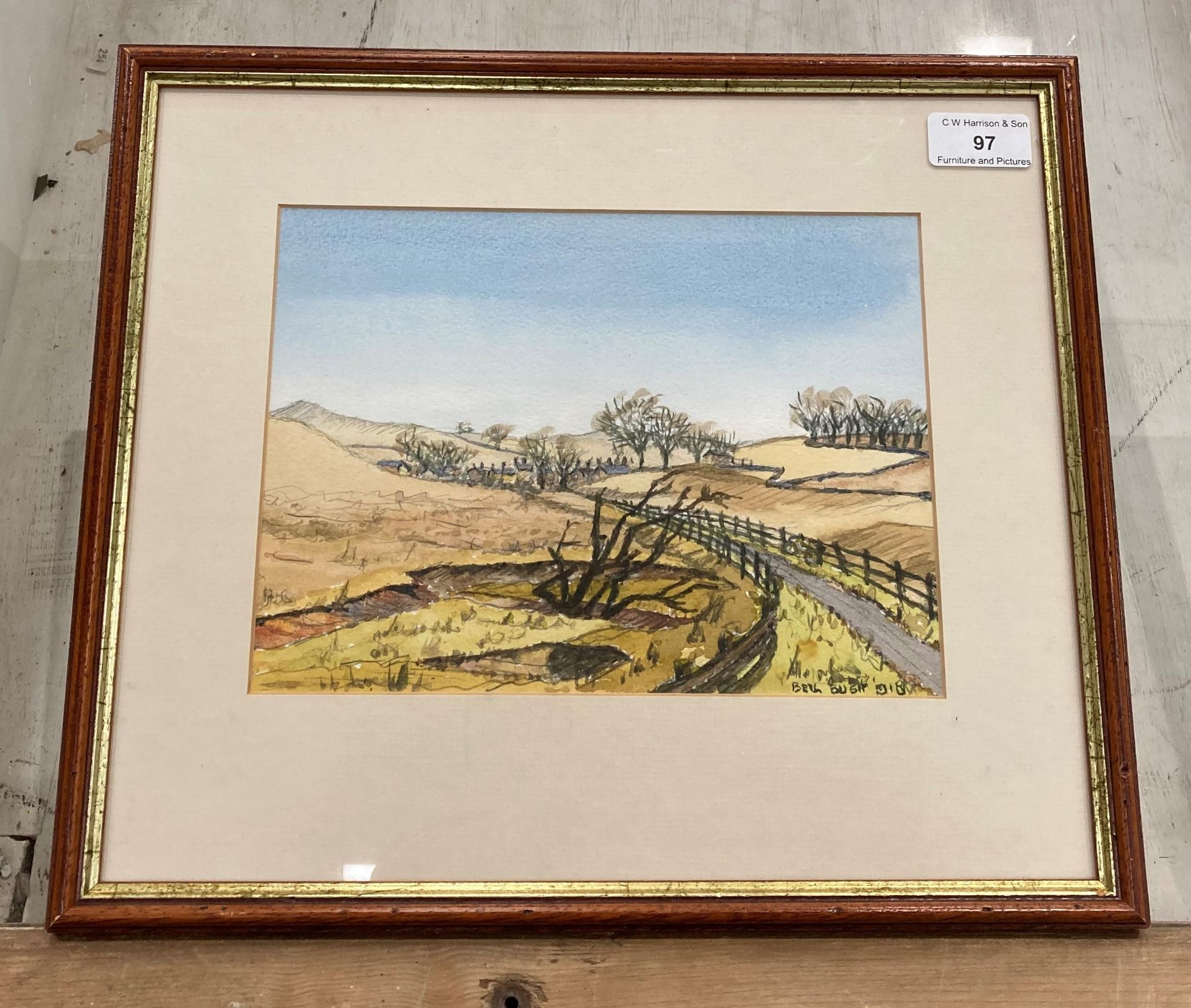 Bell Busk 018? small framed watercolour of track in undulating farmland leading to village in the