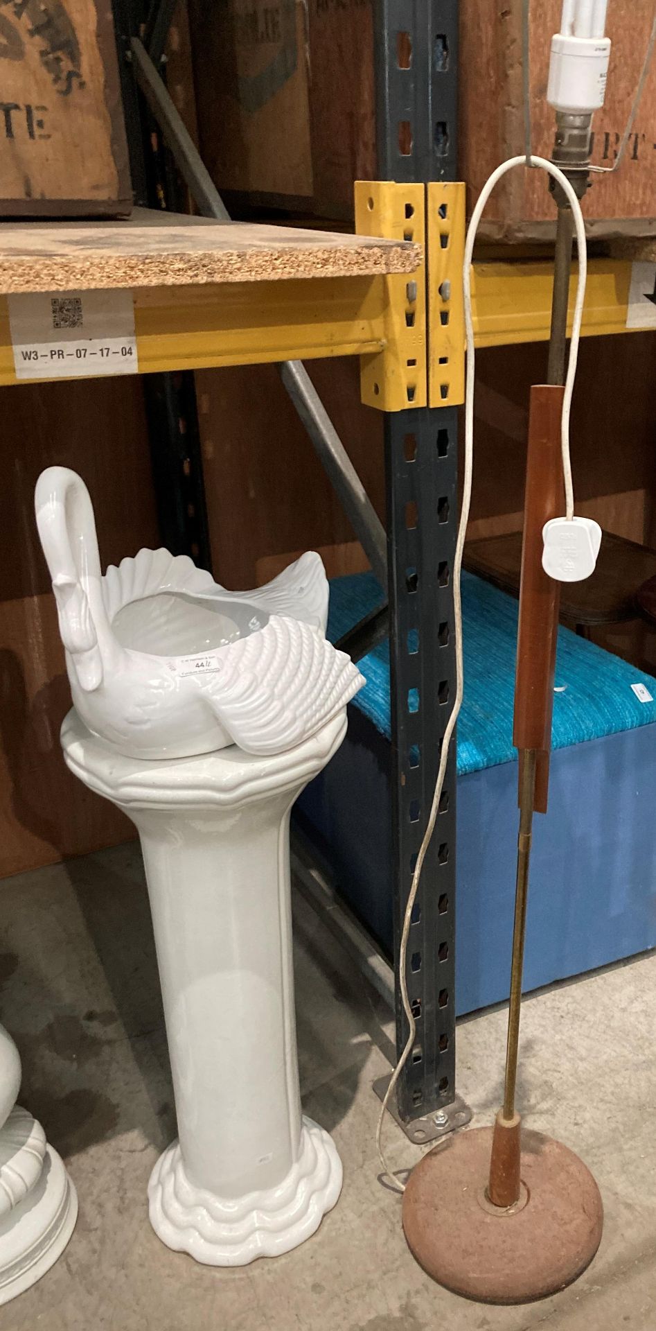 A white ceramic jardiniere stand with white ceramic swan planter on top, approximately 100cm high,