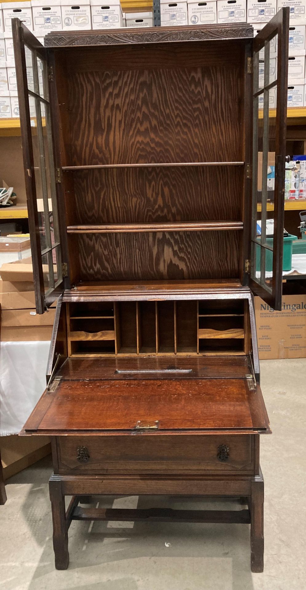 An oak bureau bookcase with two wood lined glazed doors over fall flap two drawer base, - Image 2 of 2