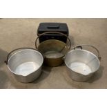 One brass and two aluminium jam pans and a Delsey black plastic portable security box with key (4)