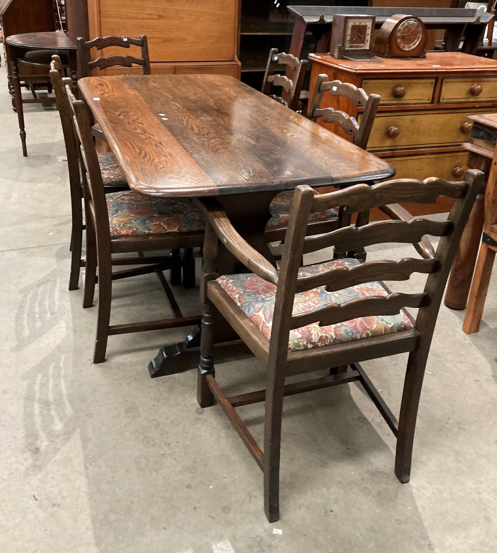 An oak refectory dining table 150cm x 74cm together with six oak ladder back dining chairs (two - Image 5 of 7