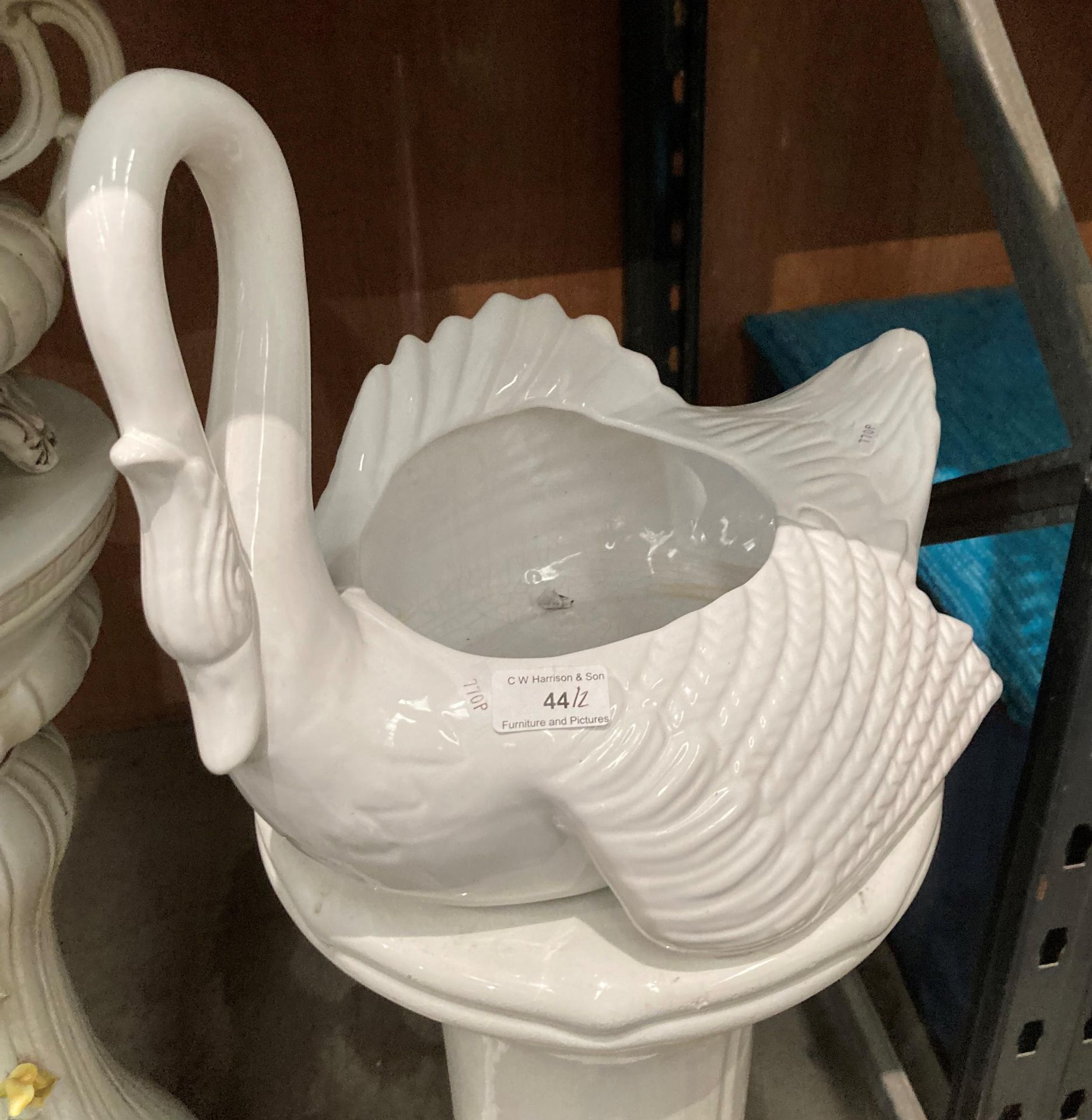 A white ceramic jardiniere stand with white ceramic swan planter on top, approximately 100cm high, - Image 4 of 4