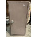 A brown metal single door storage cabinet, 41cm x 28cm x 90cm high.