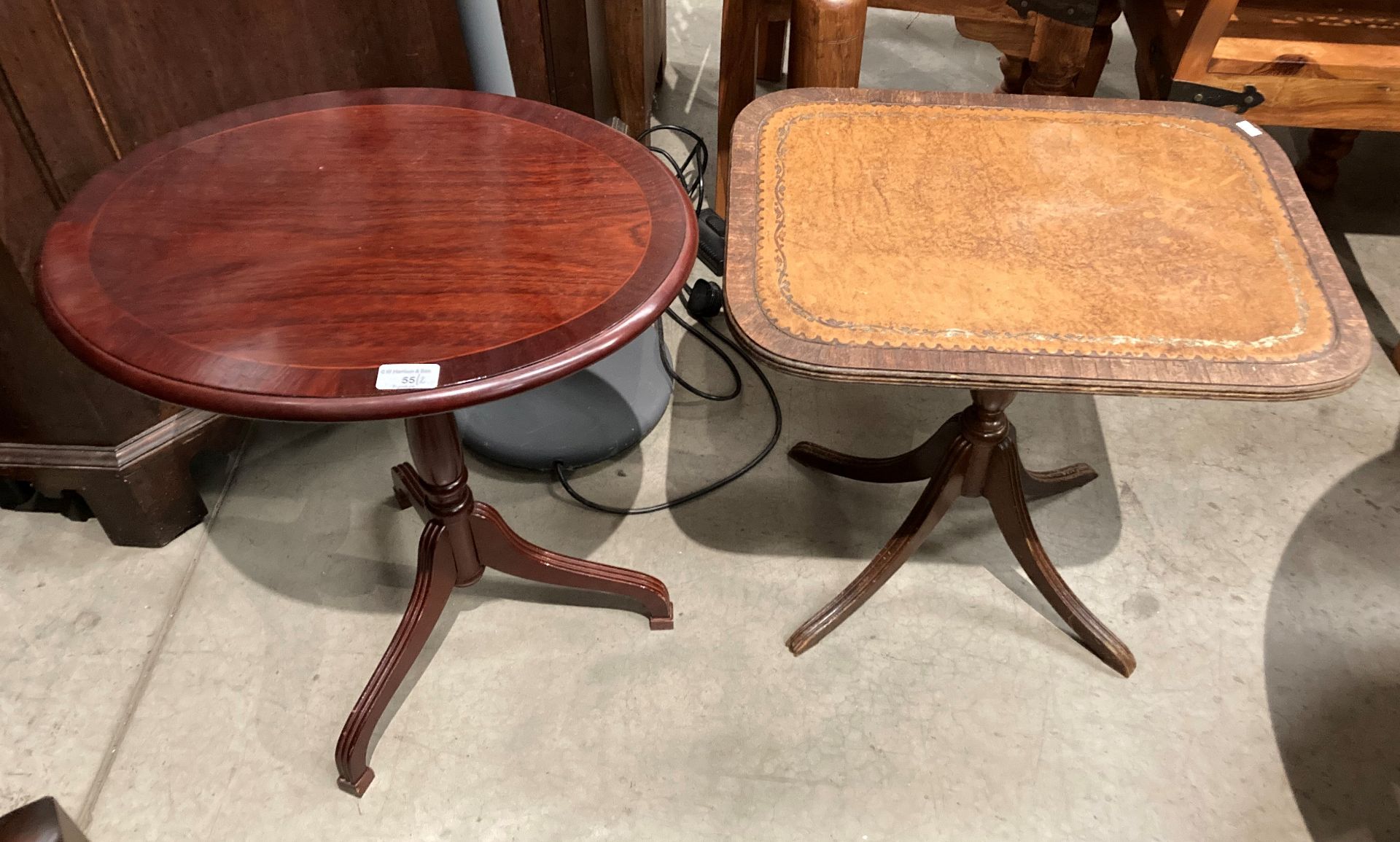 A small reproduction mahogany oval side table and a mahogany side table with light brown tooled - Image 3 of 4