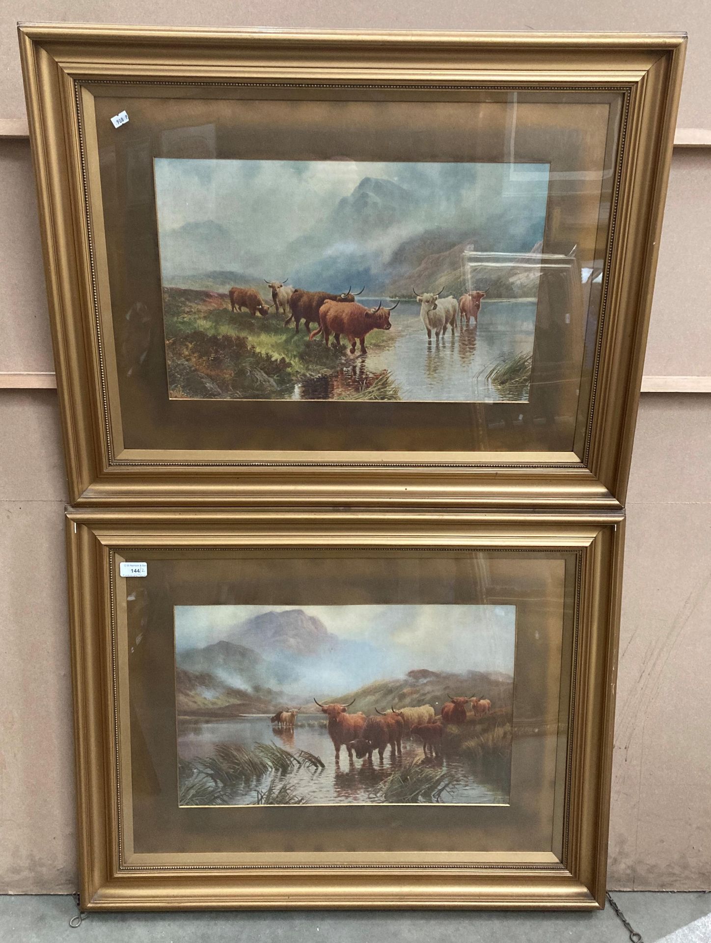 Two traditional gilt framed prints, Highland Cattle Watering,