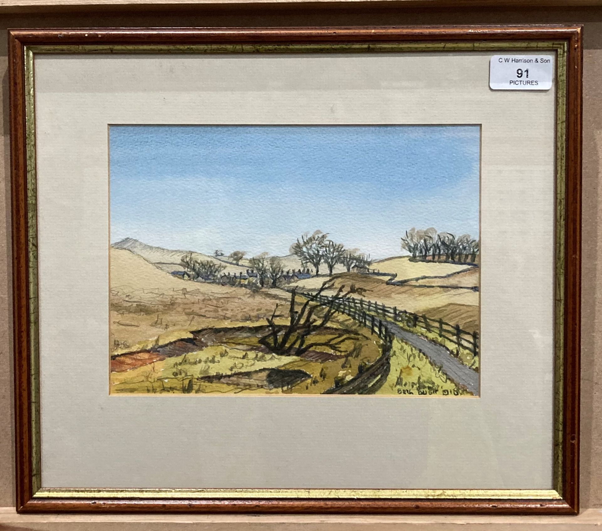 Bell Busk 018? small framed watercolour of track in undulating farmland leading to village in the - Image 3 of 3