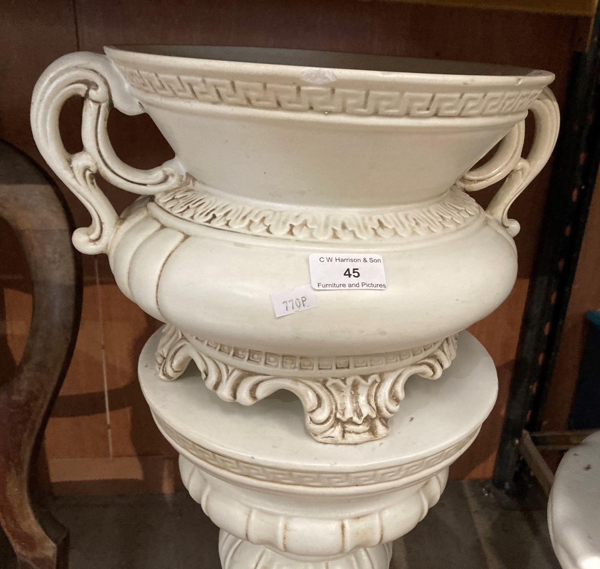 A continental style cream floral decorated jardiniere stand with pottery urn planter on top, - Image 3 of 3