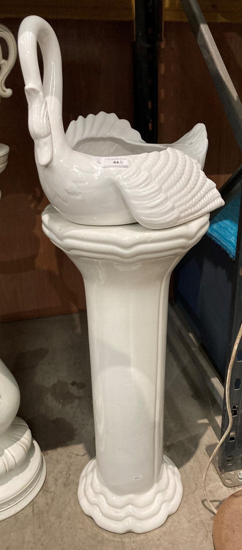 A white ceramic jardiniere stand with white ceramic swan planter on top, approximately 100cm high, - Image 2 of 4