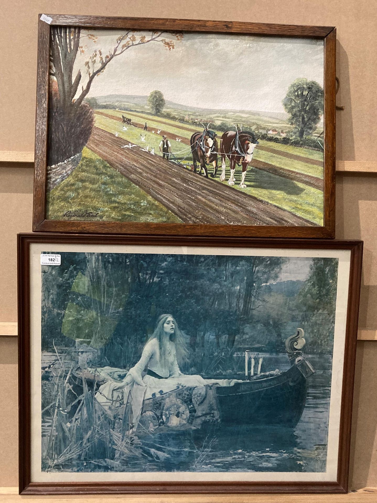 Reginald Earl, a framed watercolour, Ploughing, 38cm x 54cm and J W Waterhouse,