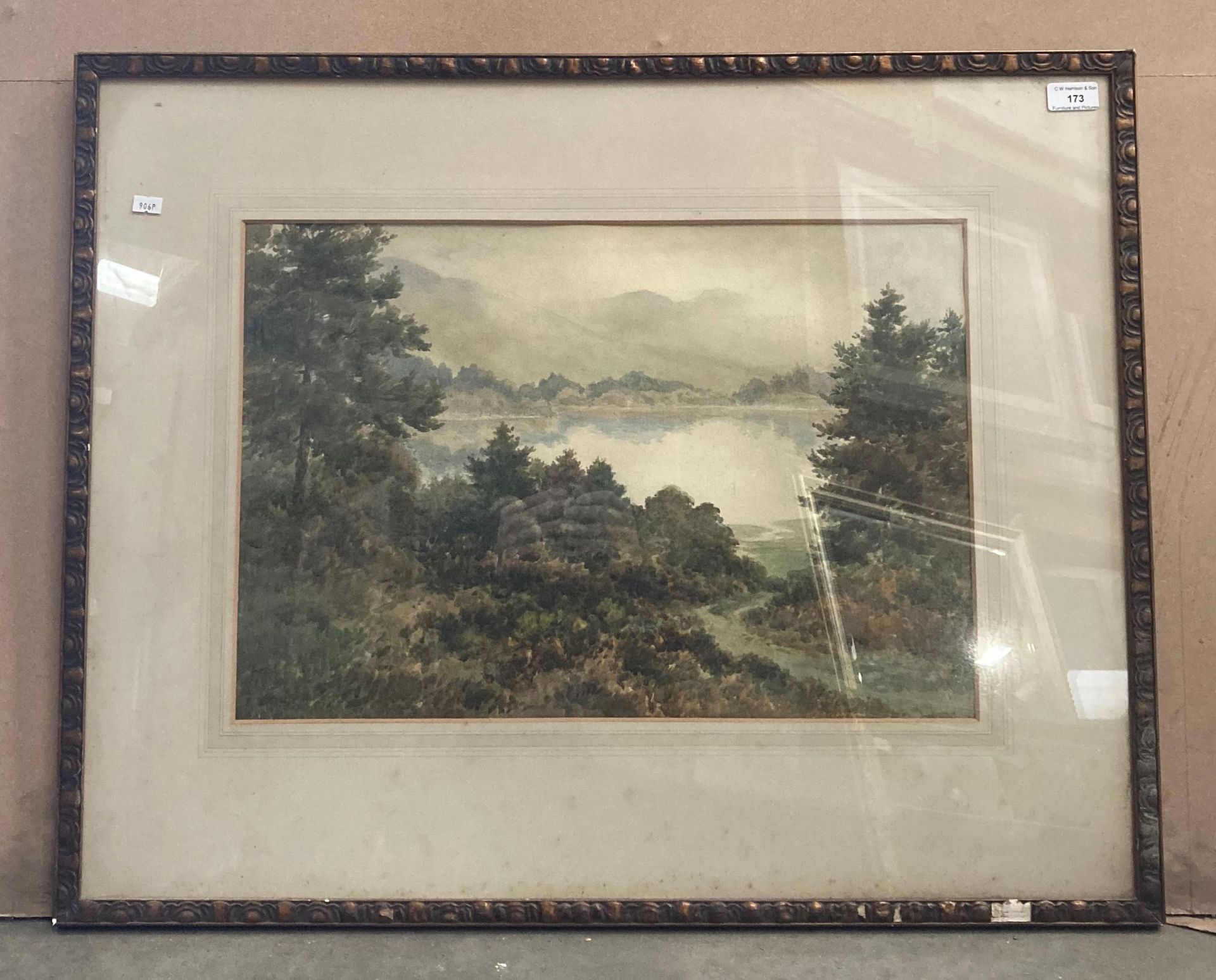 Framed watercolour, woodland and lake scene,