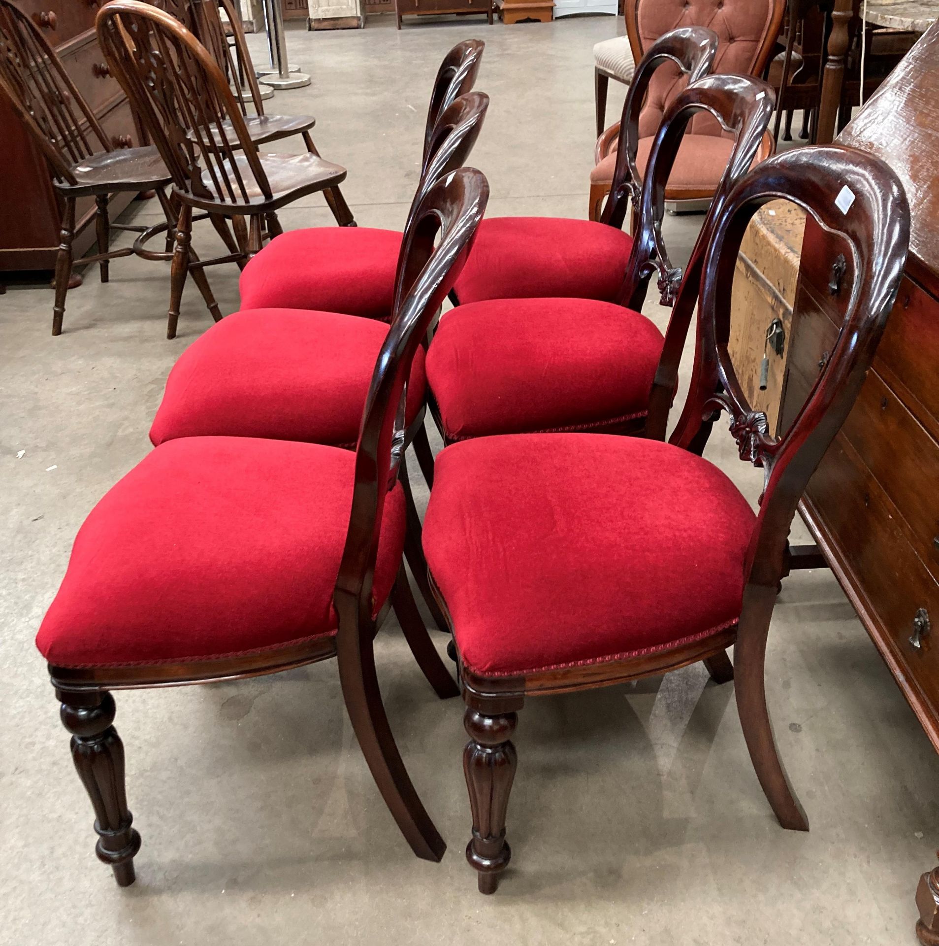 A set of six Victorian style balloon back dining chairs with red dralon upholstered seats (MS) - Image 2 of 3