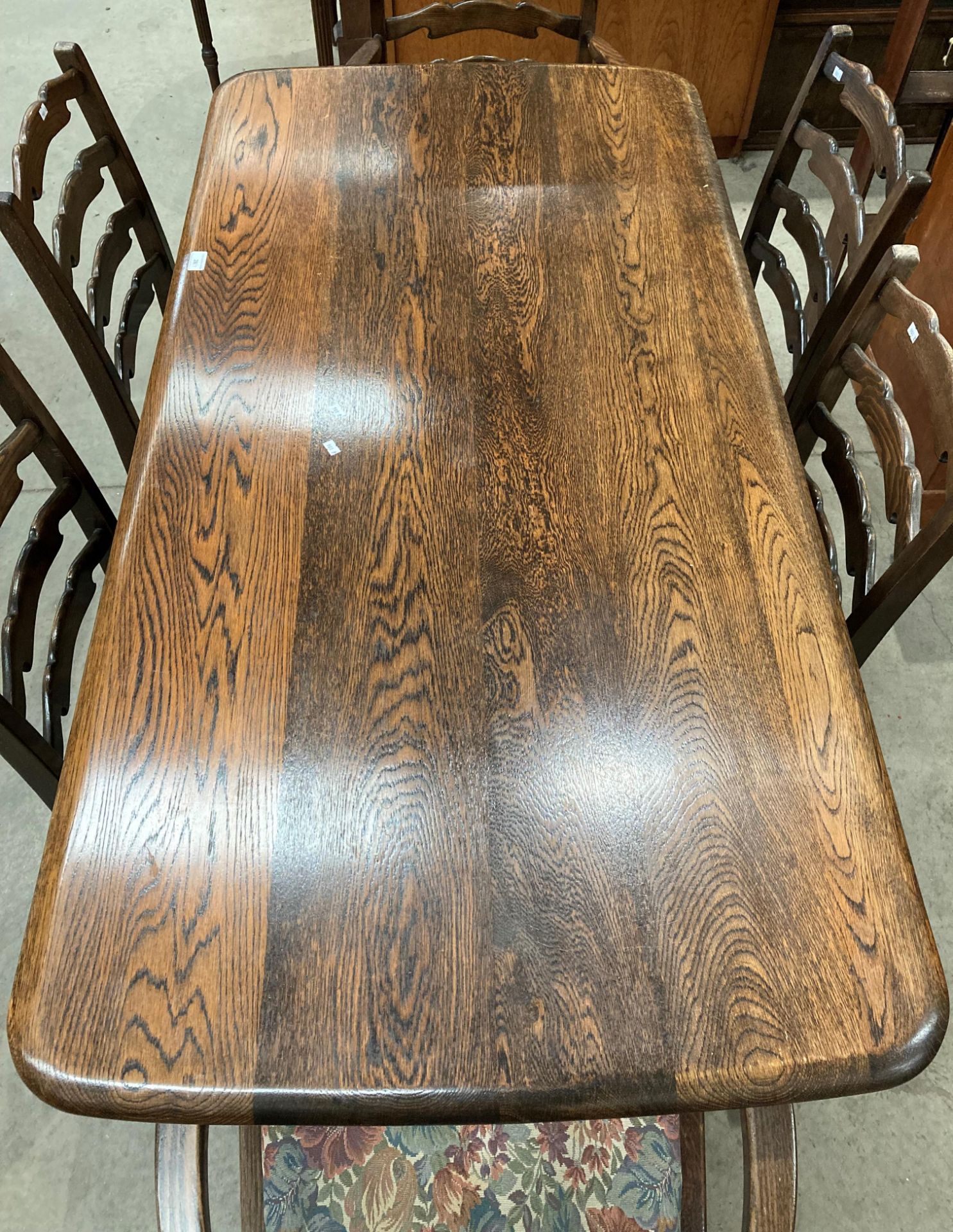 An oak refectory dining table 150cm x 74cm together with six oak ladder back dining chairs (two - Image 4 of 7