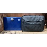 Black leather finish briefcase (no strap) and a blue metal filing box (MST)