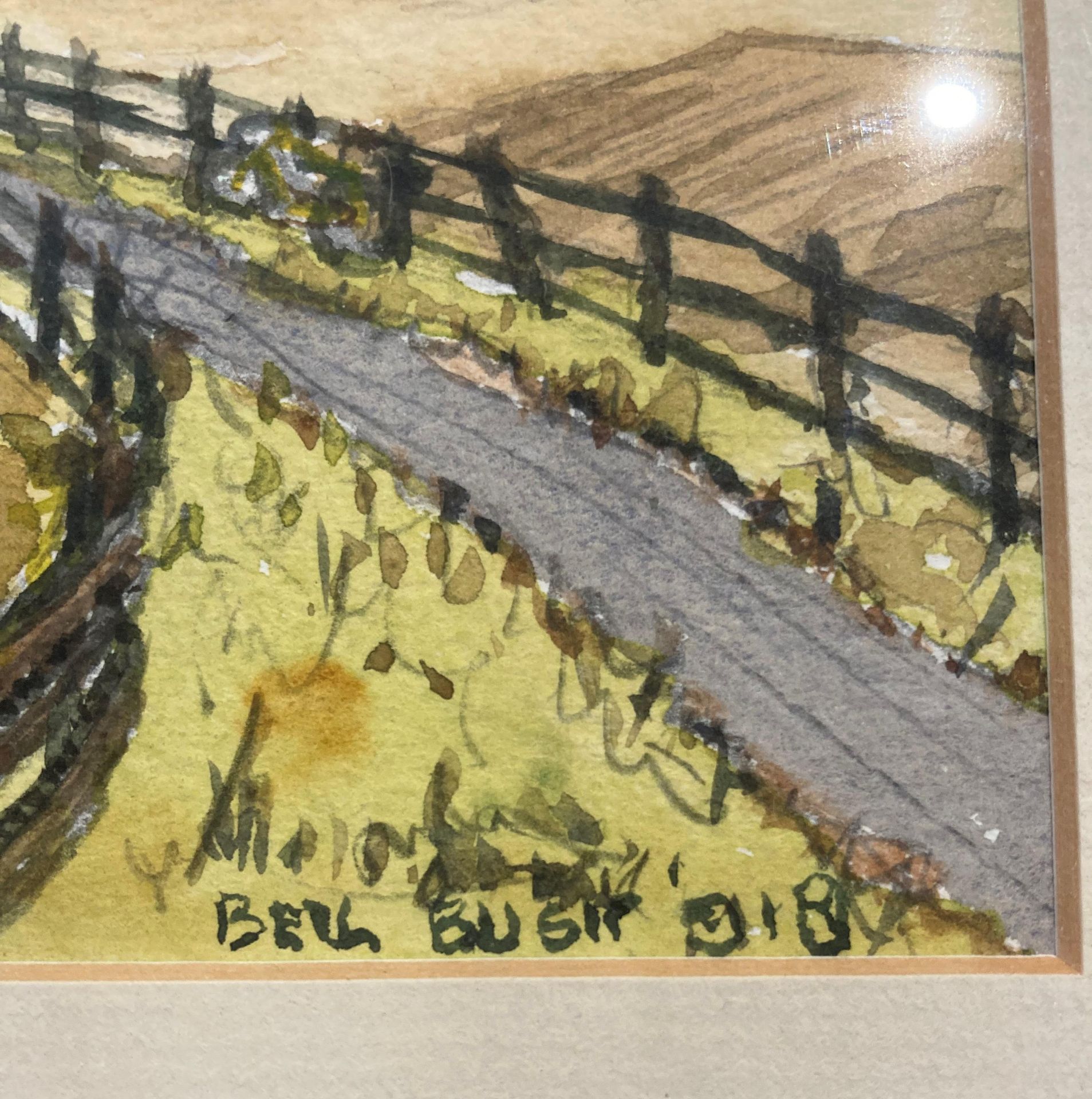 Bell Busk 018? small framed watercolour of track in undulating farmland leading to village in the - Image 2 of 3