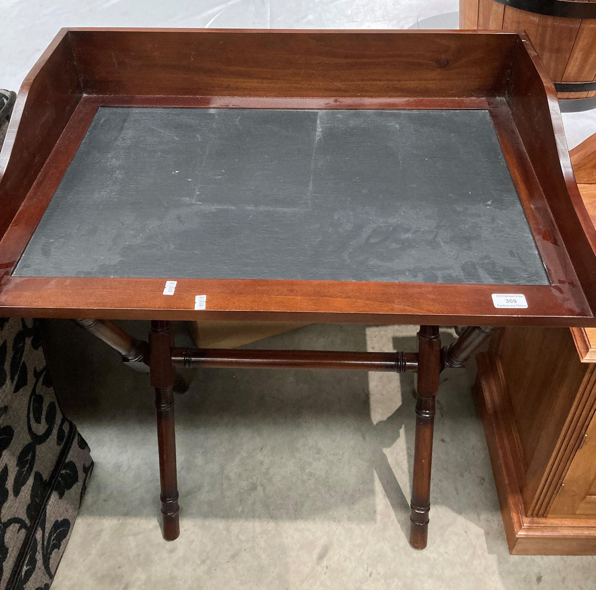 A mahogany butler's tray with black vinyl top, on folding base, 76cm x 54cm, - Image 2 of 2