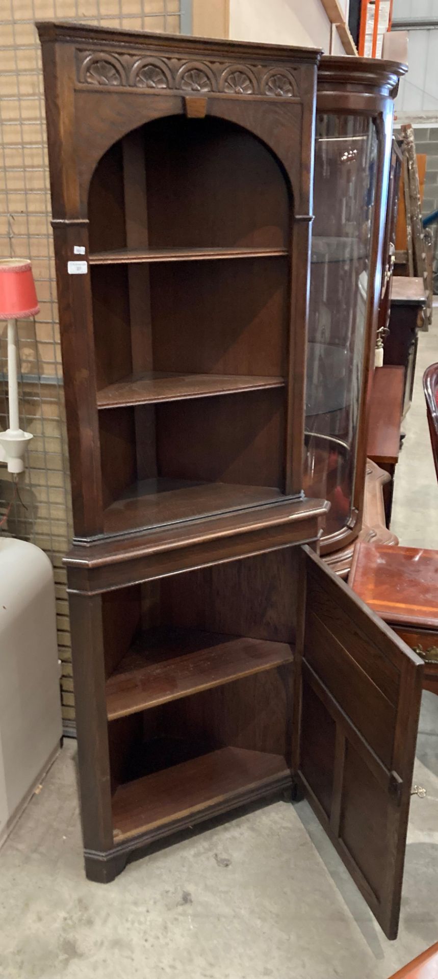 A carved oak standing corner cupboard with three open shelves over single door base, - Image 4 of 4