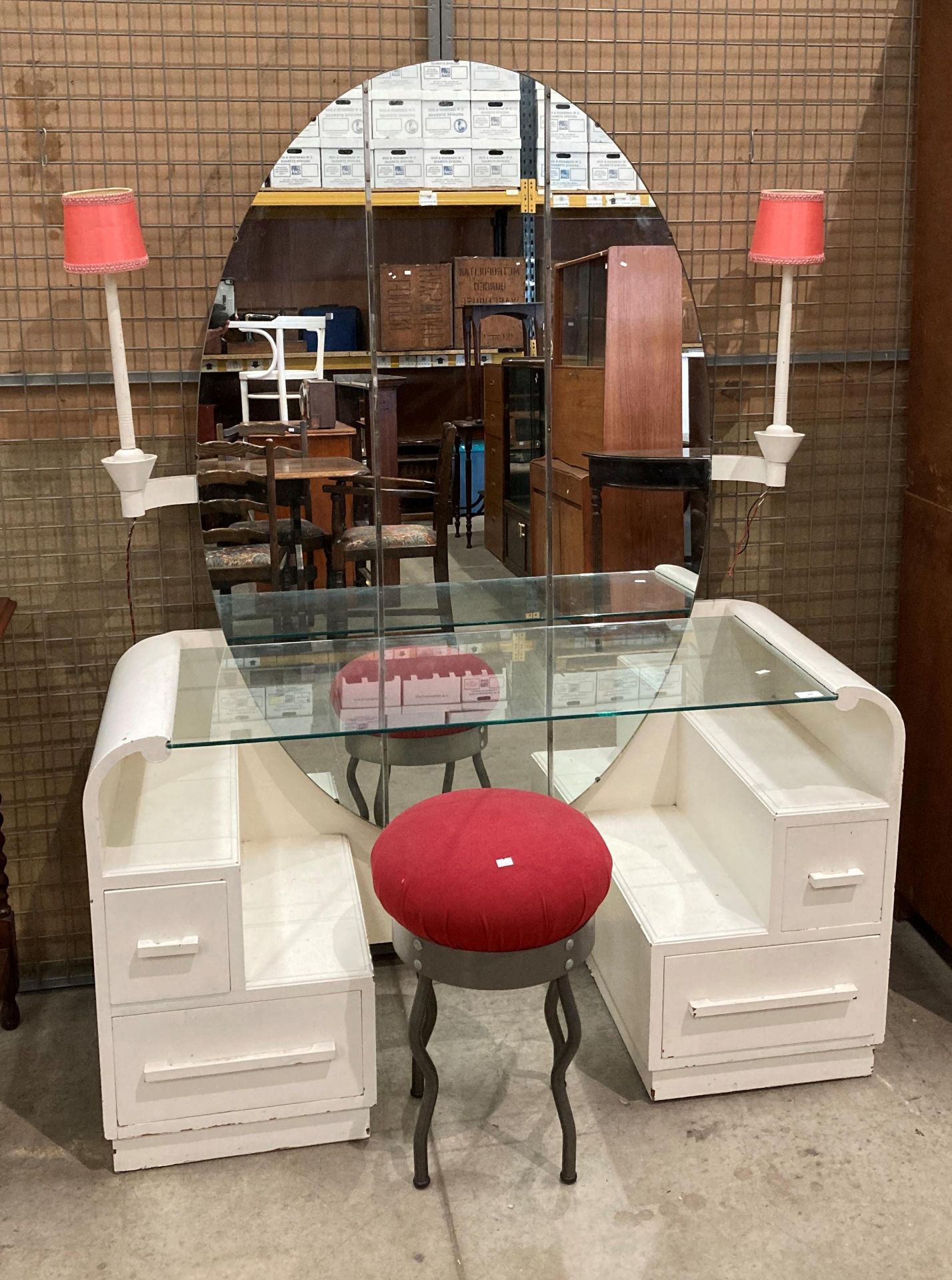 A G-Plan white painted wood Deco style dressing table with mirror back and glass top,