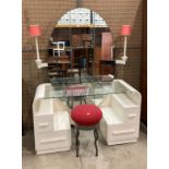 A G-Plan white painted wood Deco style dressing table with mirror back and glass top,