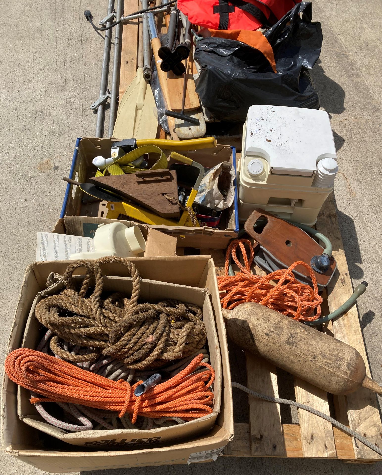 Contents to two pallets sailing equipment including various oars, anchor parts, foot pumps, - Image 2 of 3