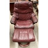 Ekornes Stressless burgundy leather self reclining and revolving armchair with matching footstool