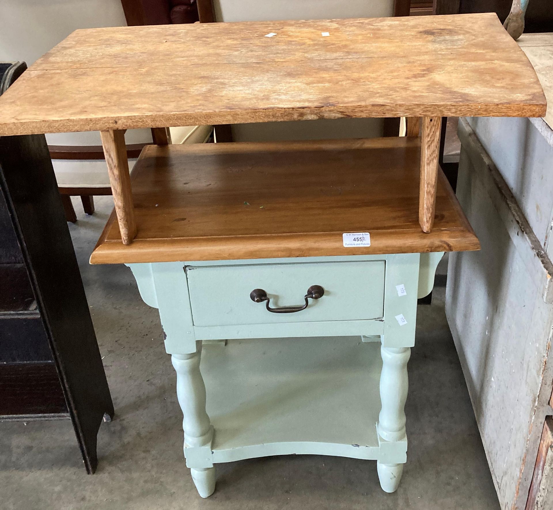 A green painted single drawer side table with pine top and a small pine table (2) (MS)