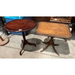 A small reproduction mahogany oval side table and a mahogany side table with light brown tooled