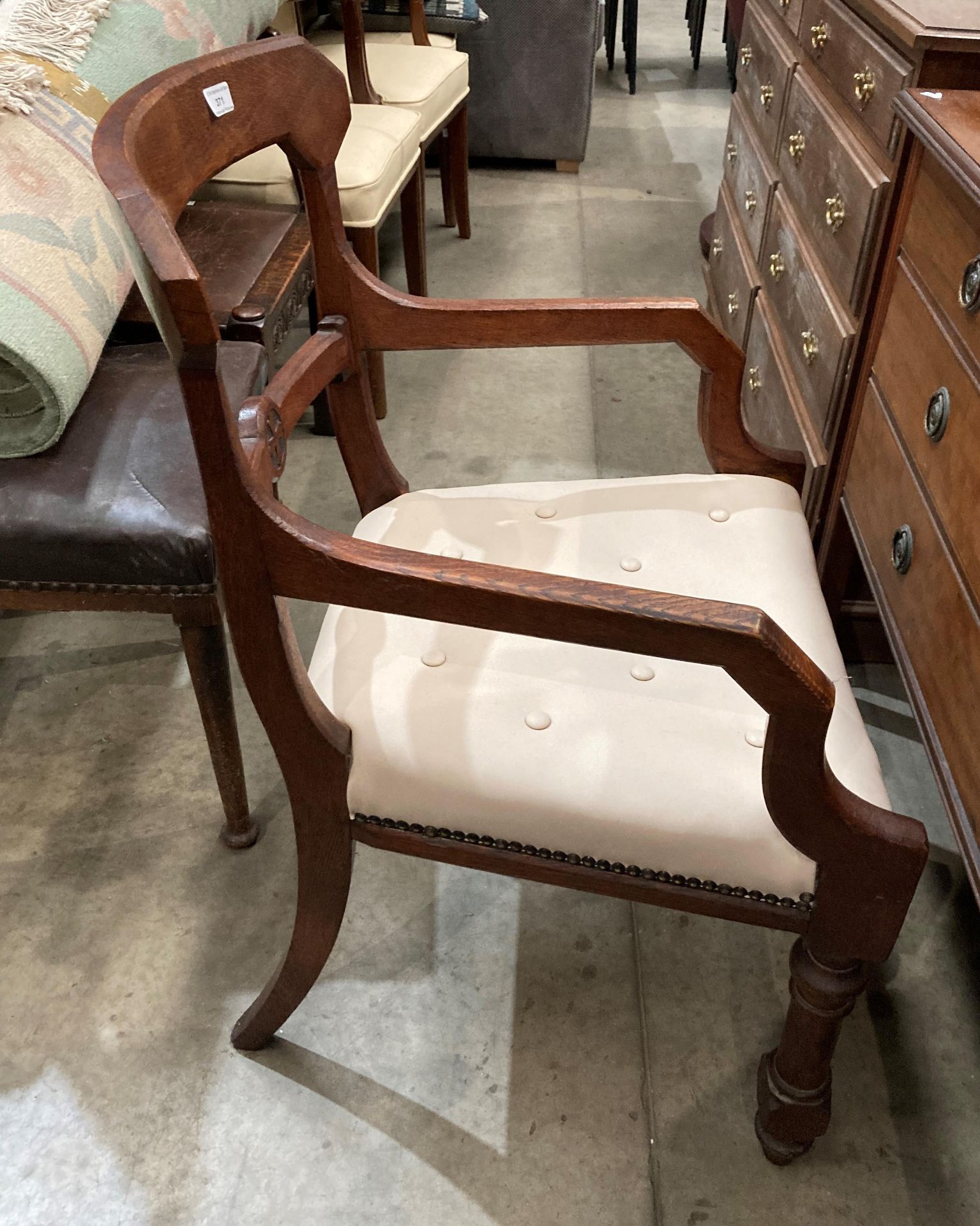 A Victorian oak open elbow chair with cream leather finish seat (MS) - Image 2 of 2