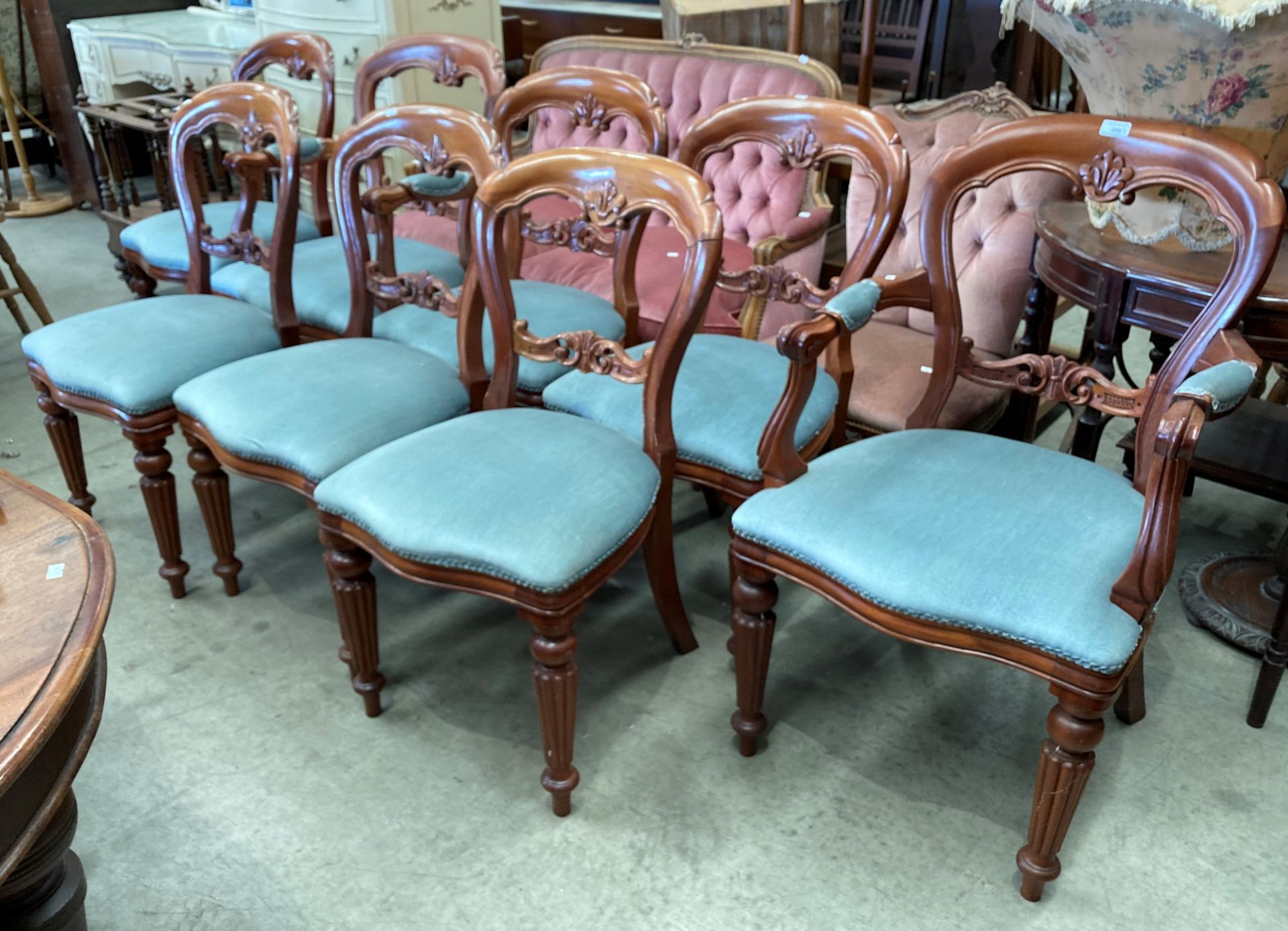 A set of eight reproduction mahogany Victorian style balloon back dining chairs (two carvers) with - Image 3 of 3