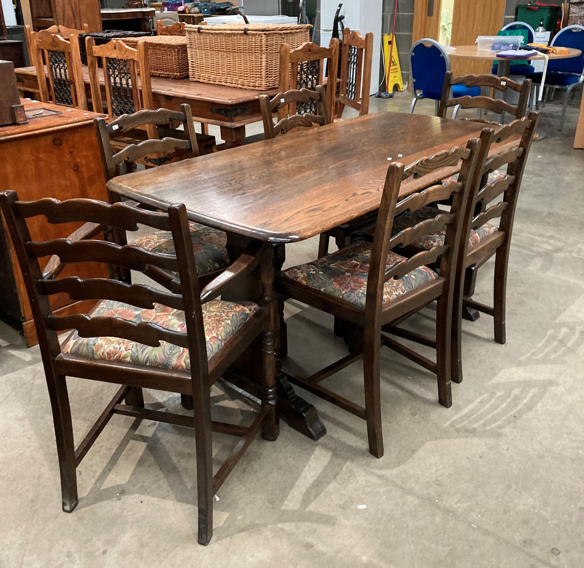 An oak refectory dining table 150cm x 74cm together with six oak ladder back dining chairs (two - Image 6 of 7