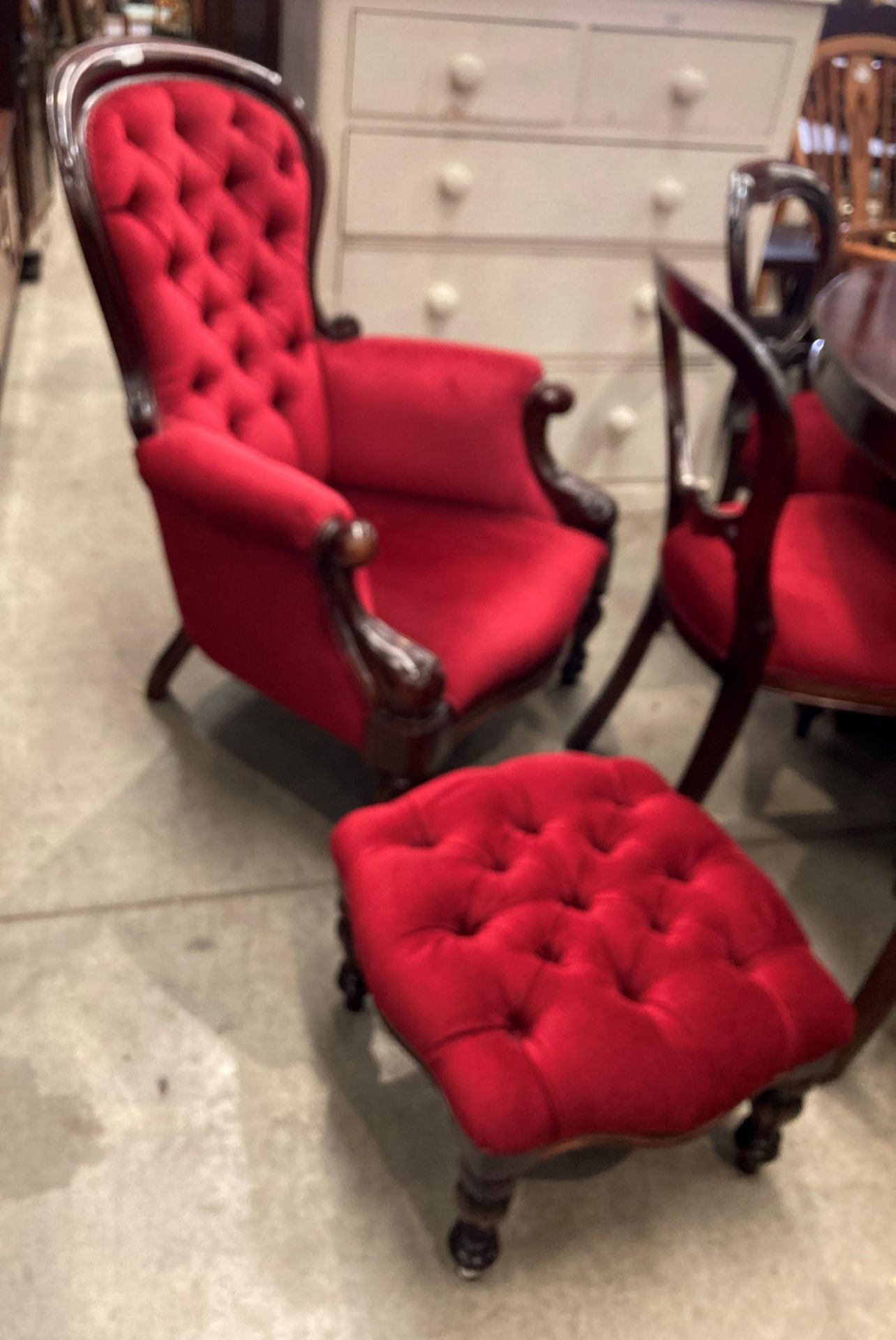 A Victorian style mahogany framed nursing armchair upholstered in red dralon with deep buttoned - Image 2 of 2