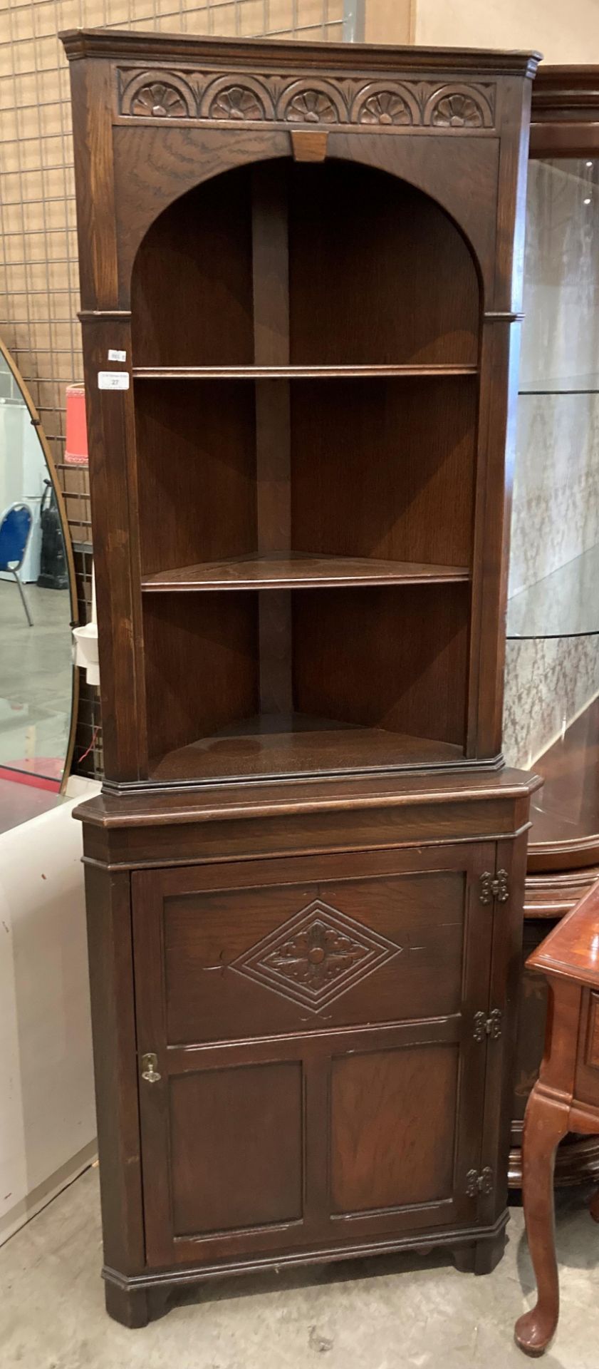 A carved oak standing corner cupboard with three open shelves over single door base, - Image 3 of 4