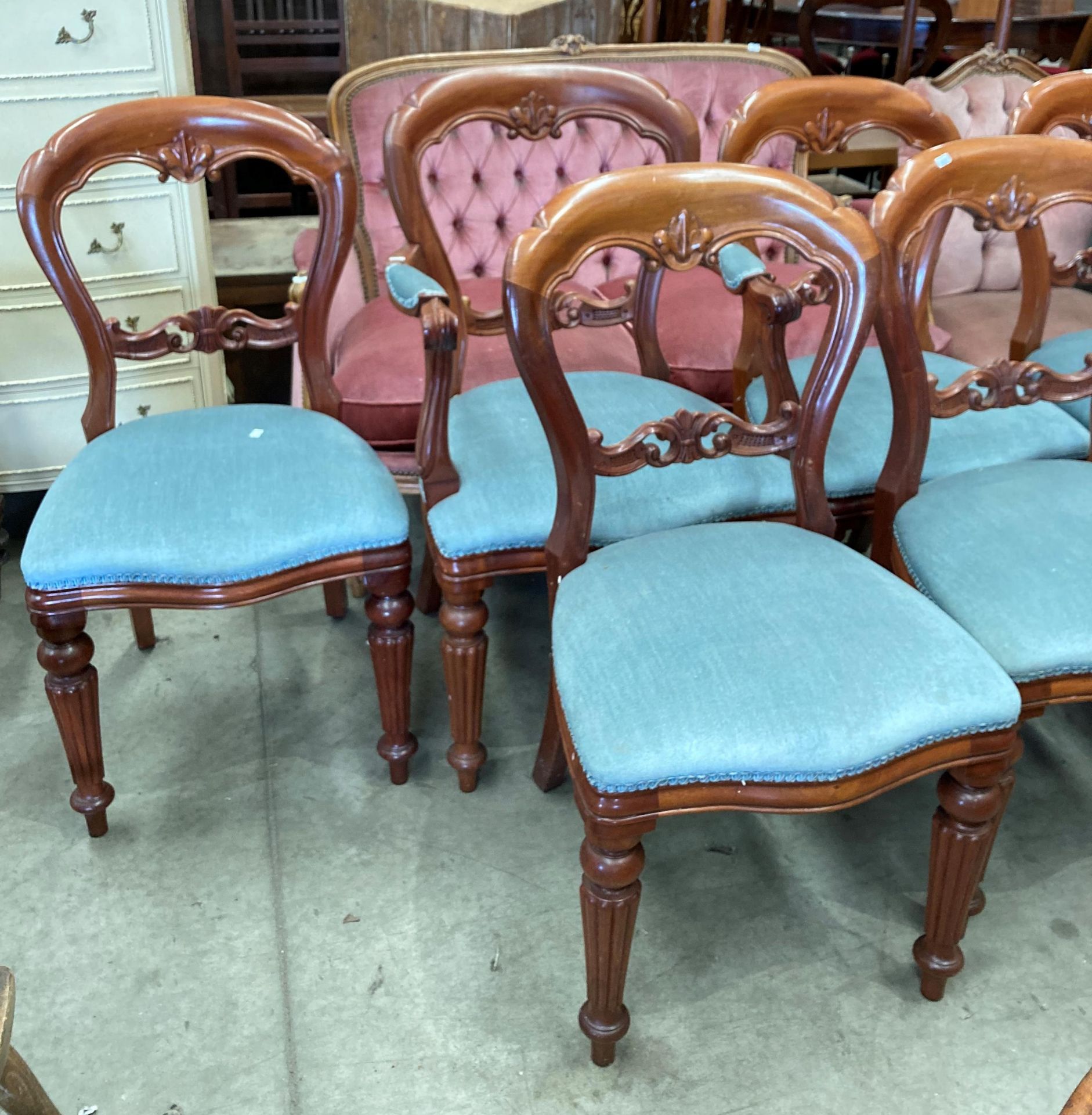 A set of eight reproduction mahogany Victorian style balloon back dining chairs (two carvers) with - Image 2 of 3