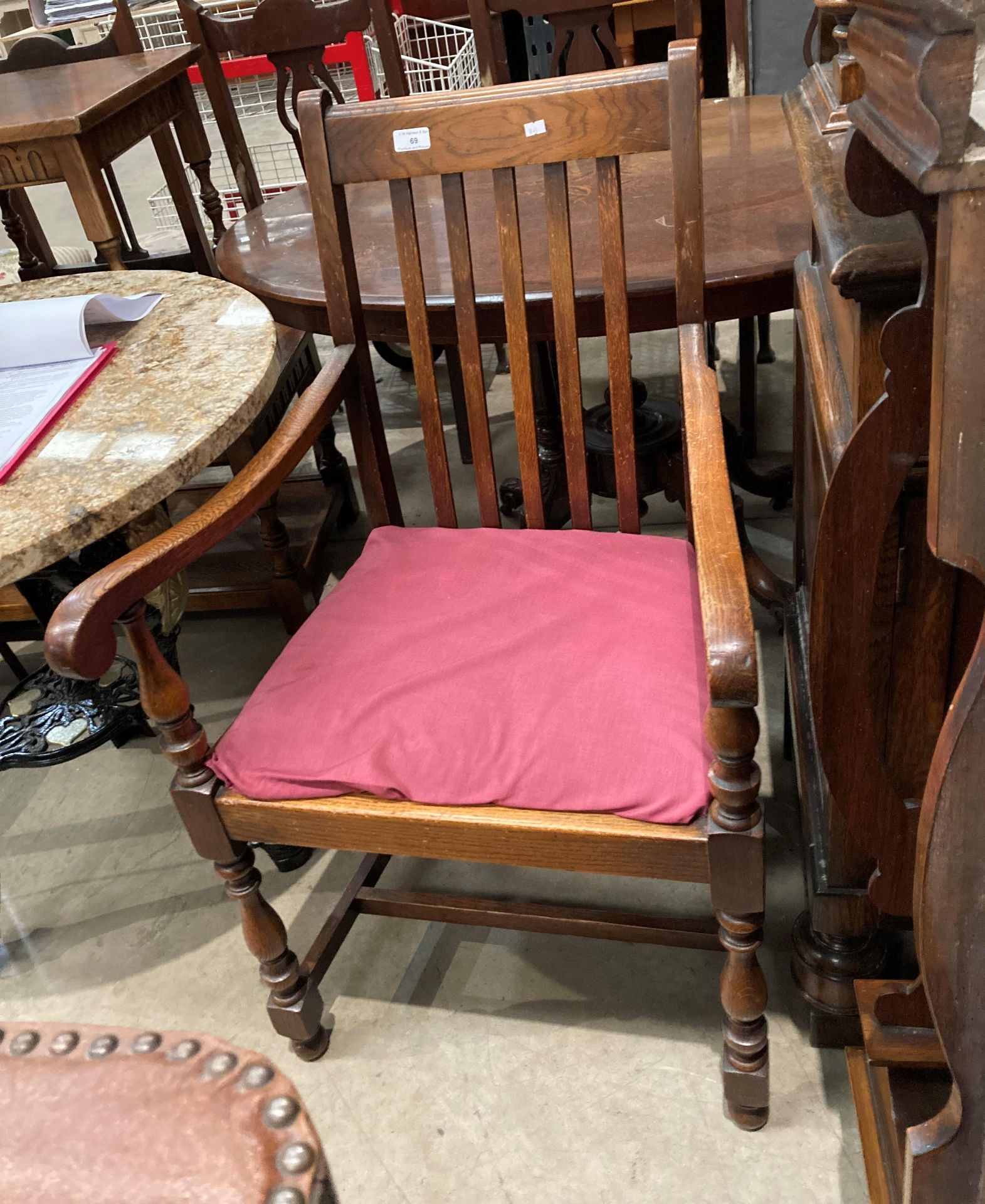 An oak framed armchair with pink fabric upholstered seat (S2T) - Image 2 of 2