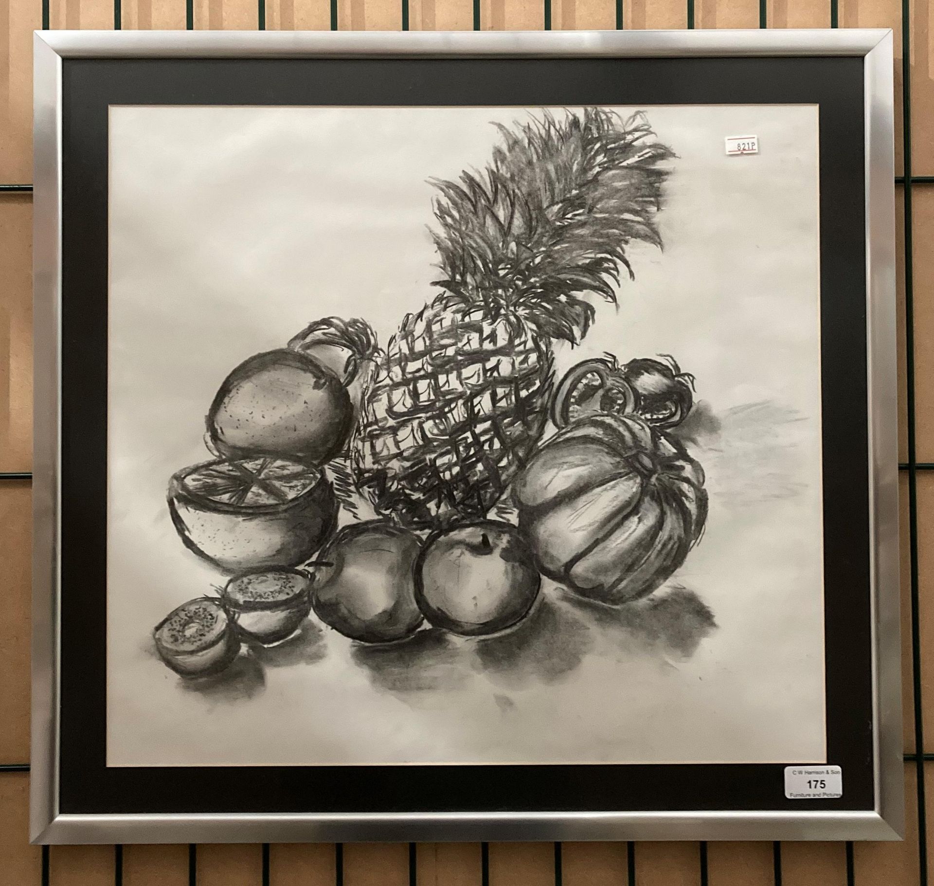 Charlotte Sanderson, May 2007, framed pencil sketch, Still Life of Fruit,