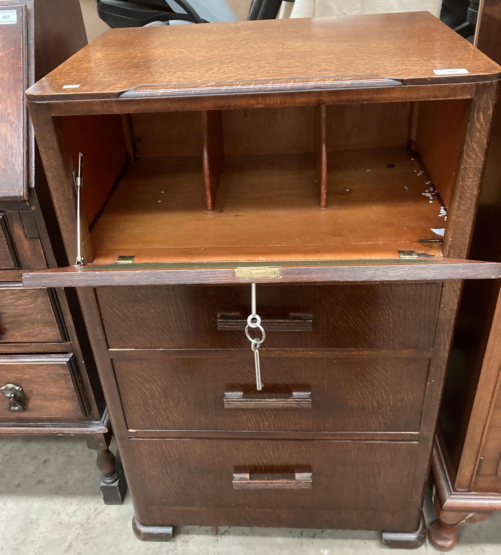 Small oak fall front bureau with three drawers 60cm x 46cm x 97cm high (MS) - Image 2 of 2