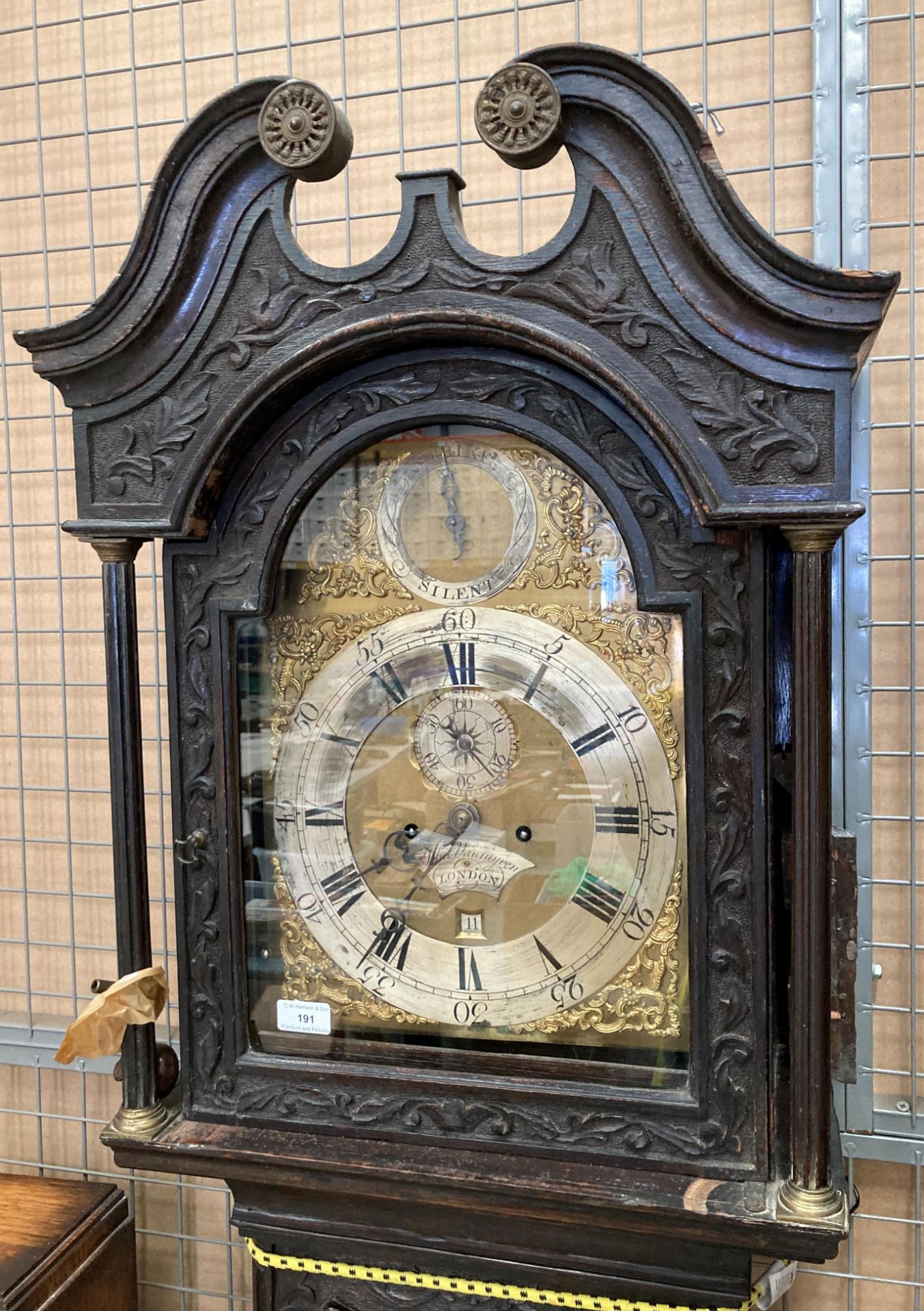 A carved oak long case clock with brass and metal face signed John Vanruyven, London, - Image 2 of 3
