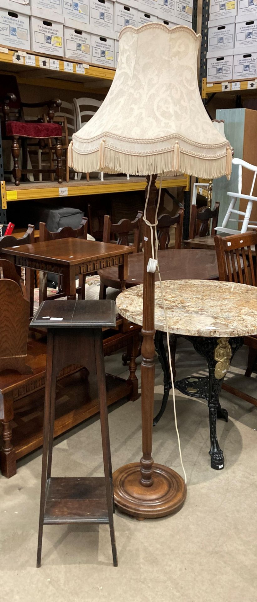 An oak standard lamp with shade and a mahogany finish plant stand with undertray (2) (S2T) - Image 2 of 2