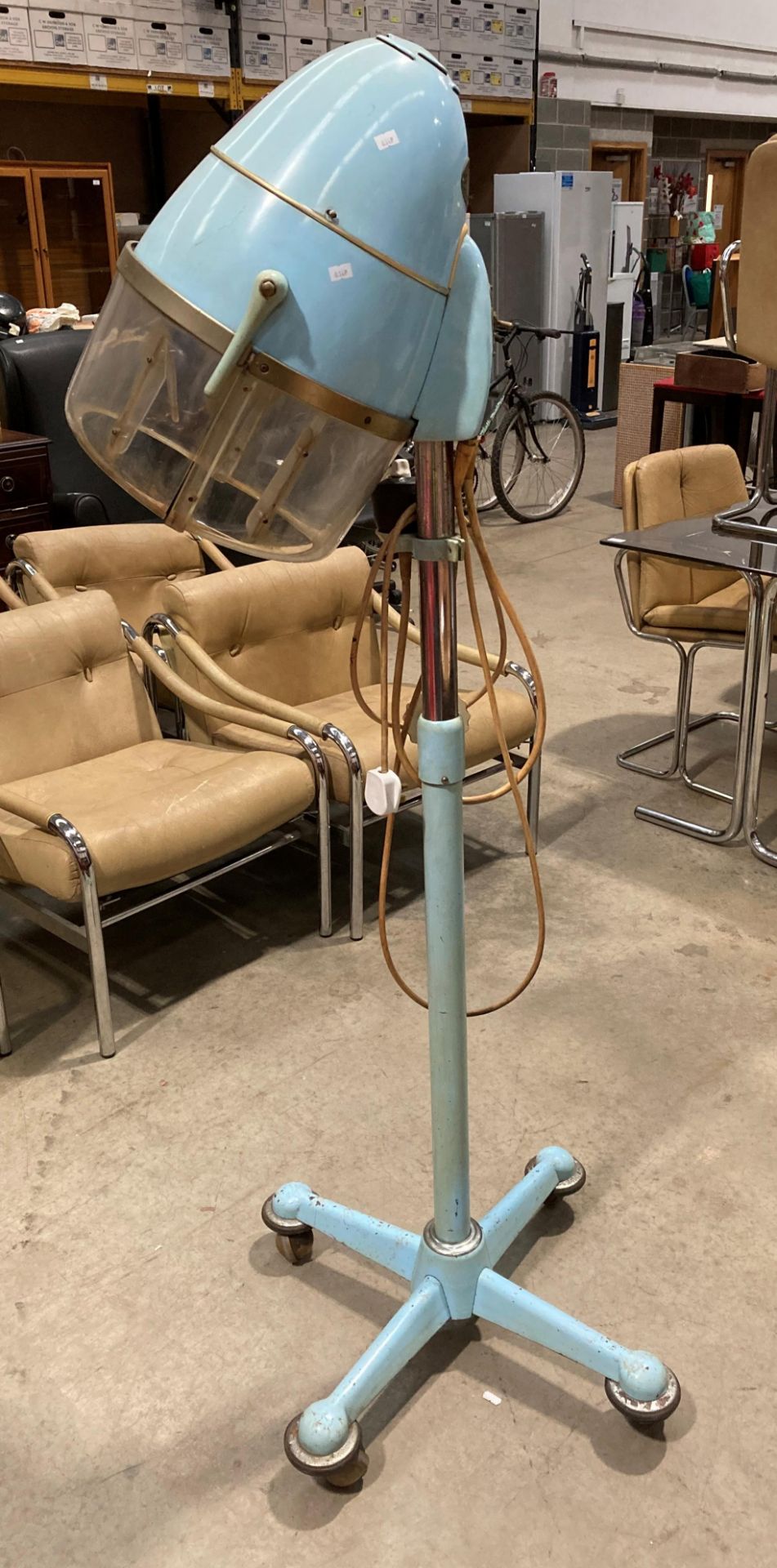 A Salon (Nelson) Ltd vintage blue metal framed mobile hairdressers hairdryer, model Rapier.