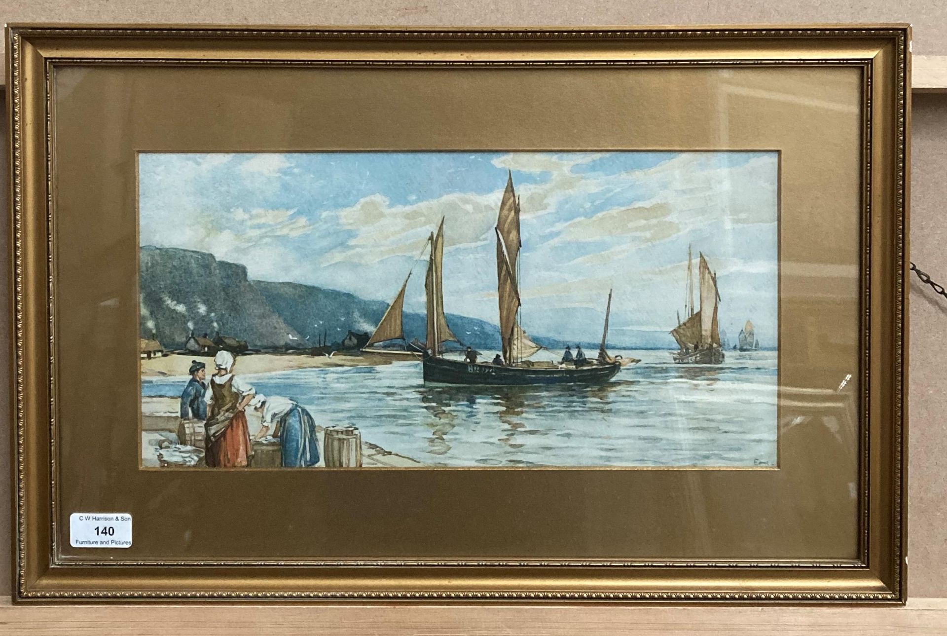 A small gilt framed watercolour, Fisherman Returning to Harbour, 20cm x 40cm,