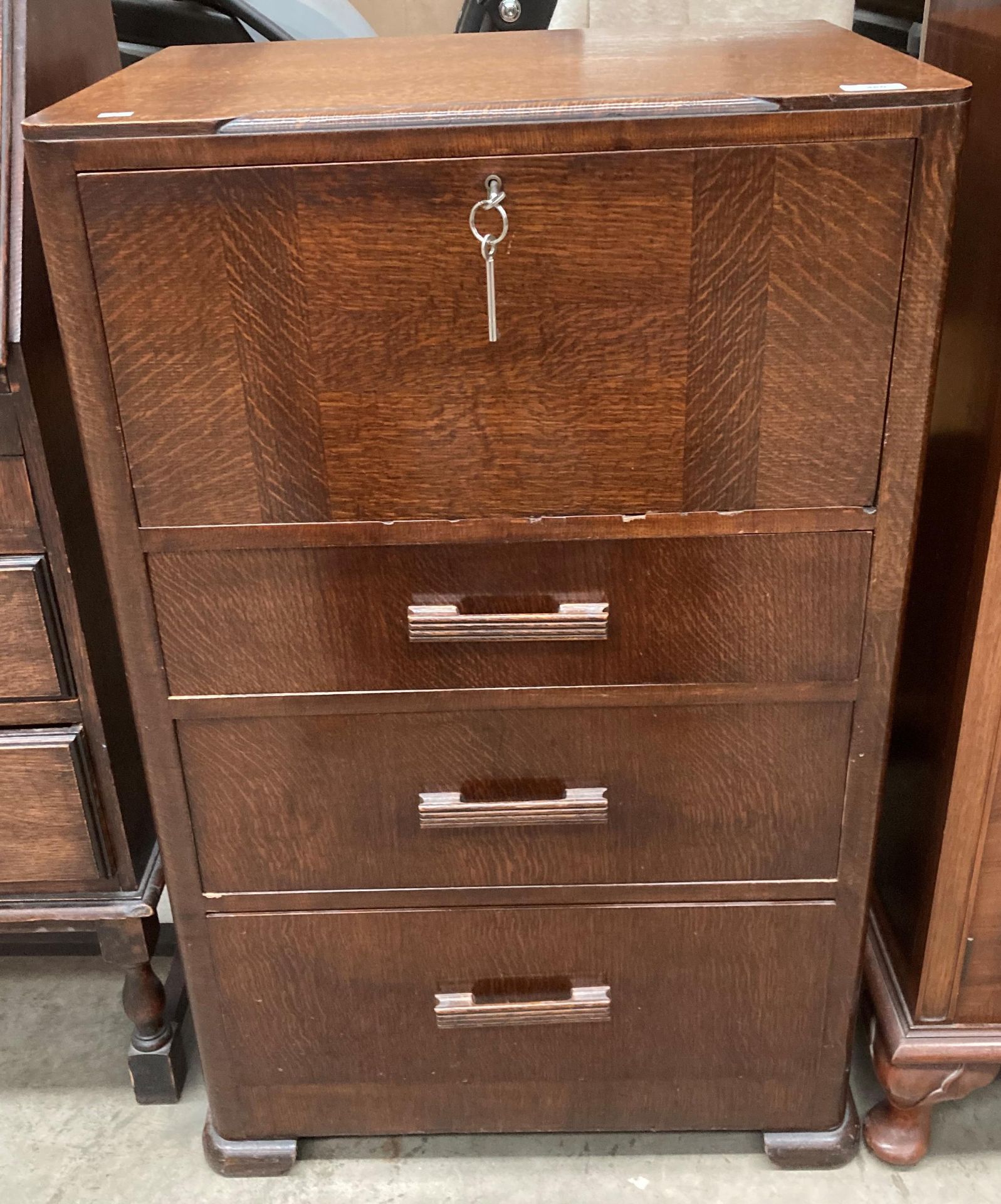 Small oak fall front bureau with three drawers 60cm x 46cm x 97cm high (MS)