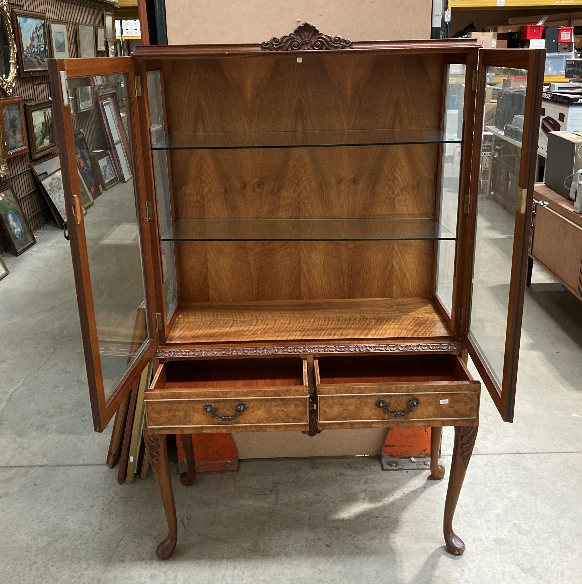 A burr walnut display cabinet with two upper glazed doors over two drawers on cabriole legs, - Image 2 of 2