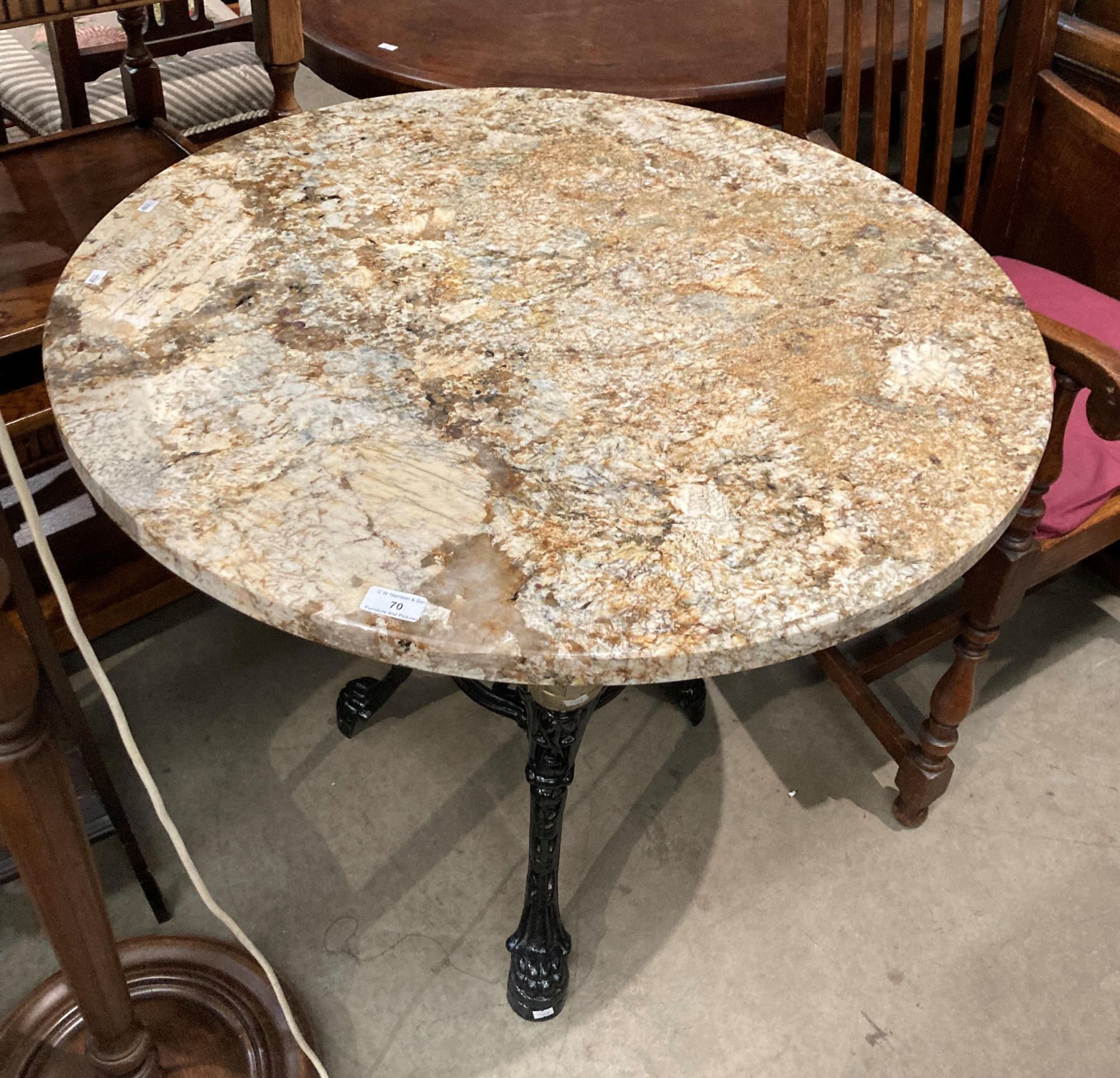 A black metal Britannia circular pub table with brown patterned marble top, - Image 4 of 4