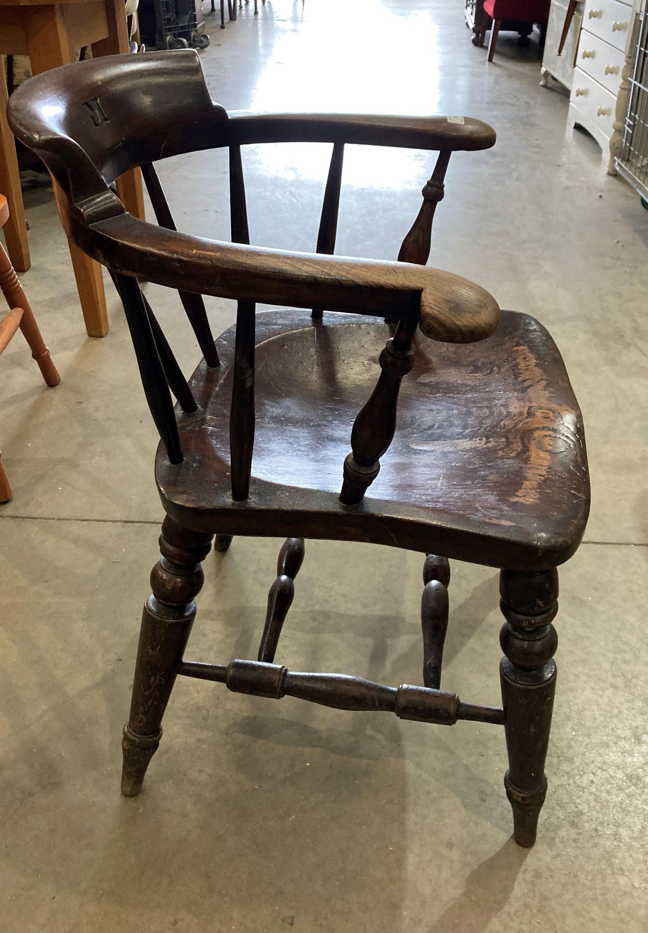 An elm smoker's bow armchair initialled 'M' to centre back rail (S3O) - Image 2 of 3