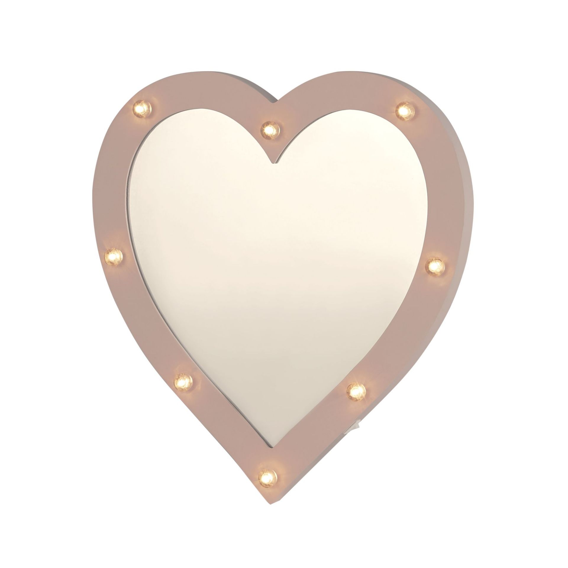 PINK HEART MIRROR WITH 8 LED LIGHTS, 31CM HIGH, 0.36W. Ideal for a bedroom or make up mirror.