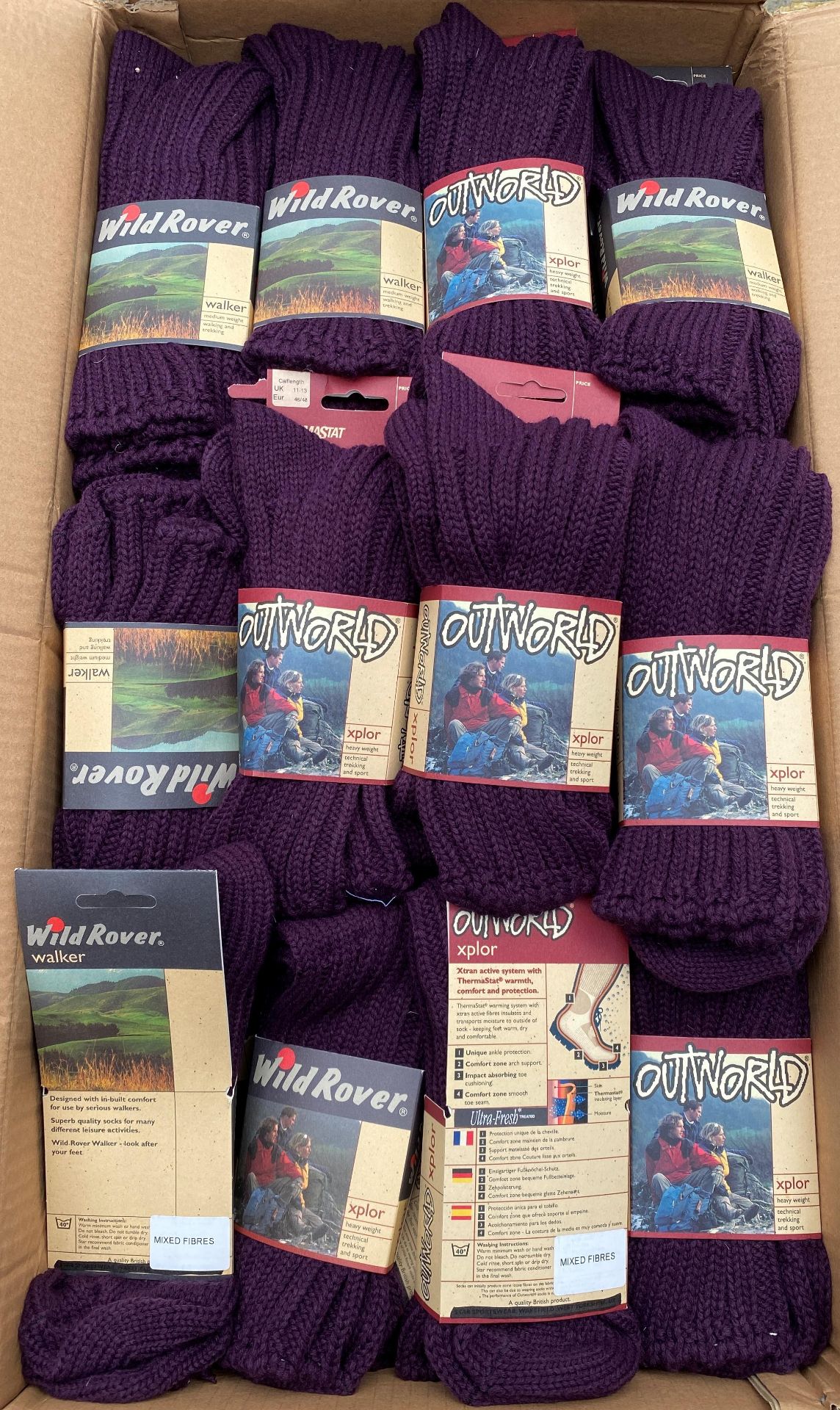 60 pairs Outworld Explore purple socks size 7-10 (Box 20)