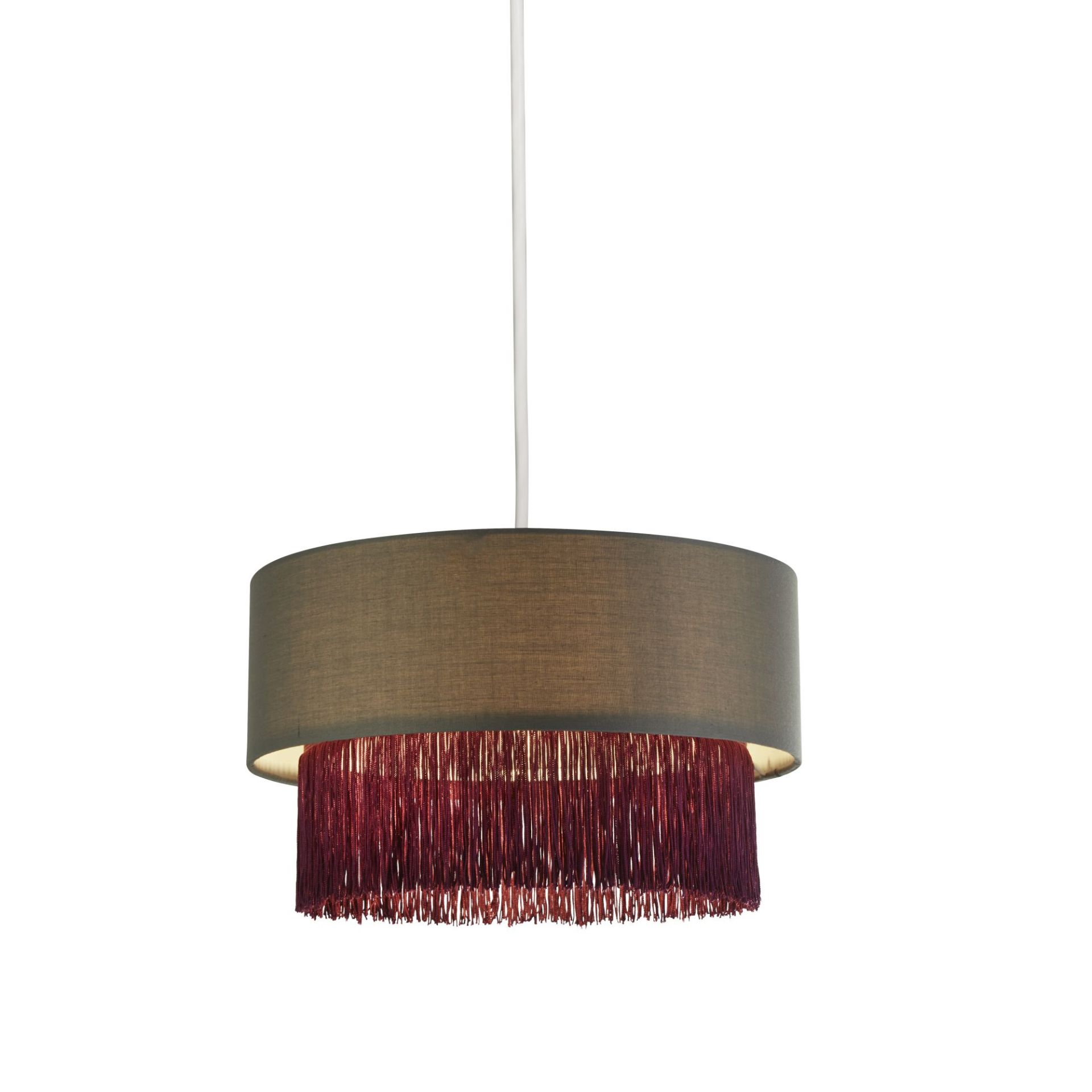 2 TIER FRINGE CEILING PENDANT, GREY & PURPLE. 35CM WIDE, 10W.