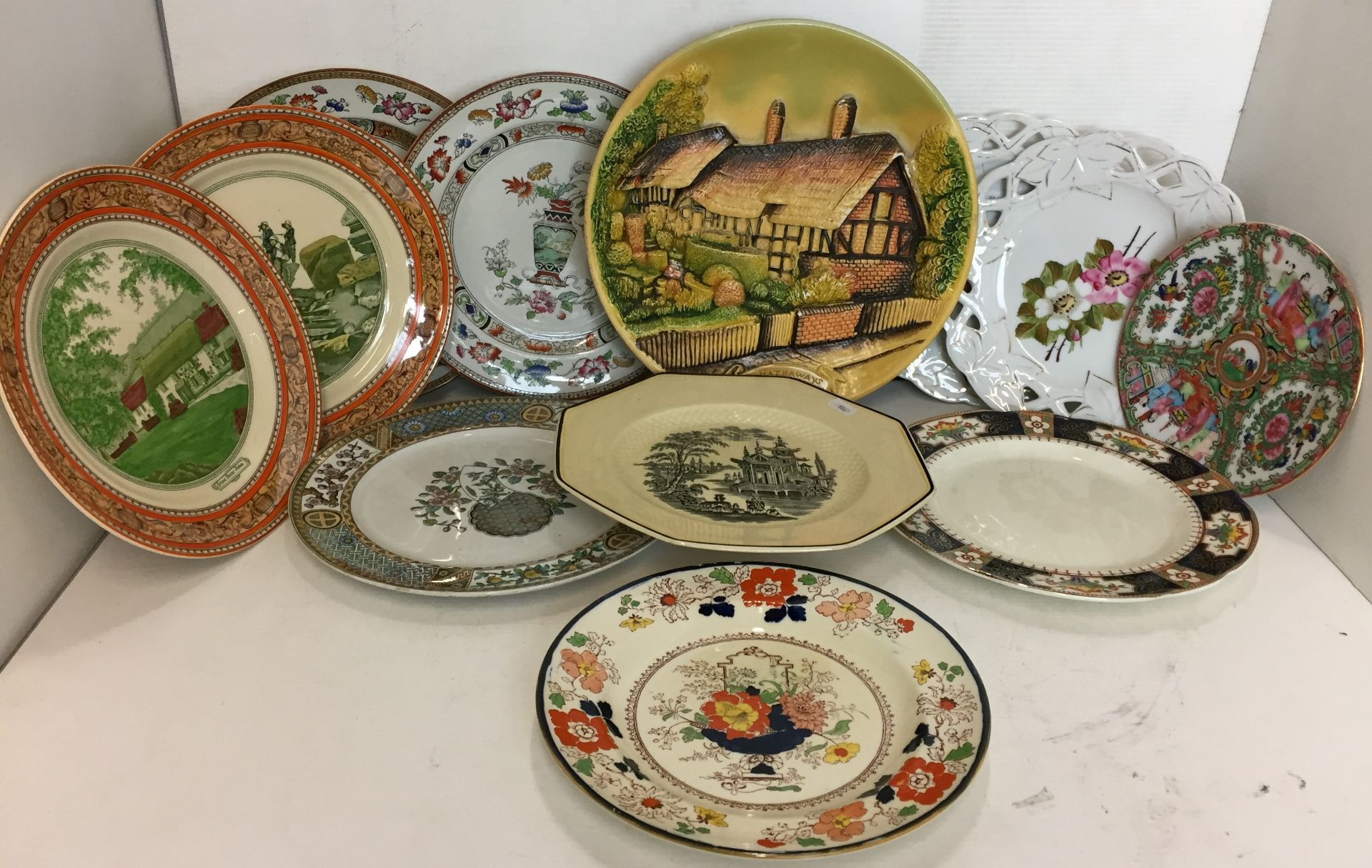 Twelve items - eleven plates - two Adams Lorna Doone plates, Satsuma, Masons Ironstone plate,