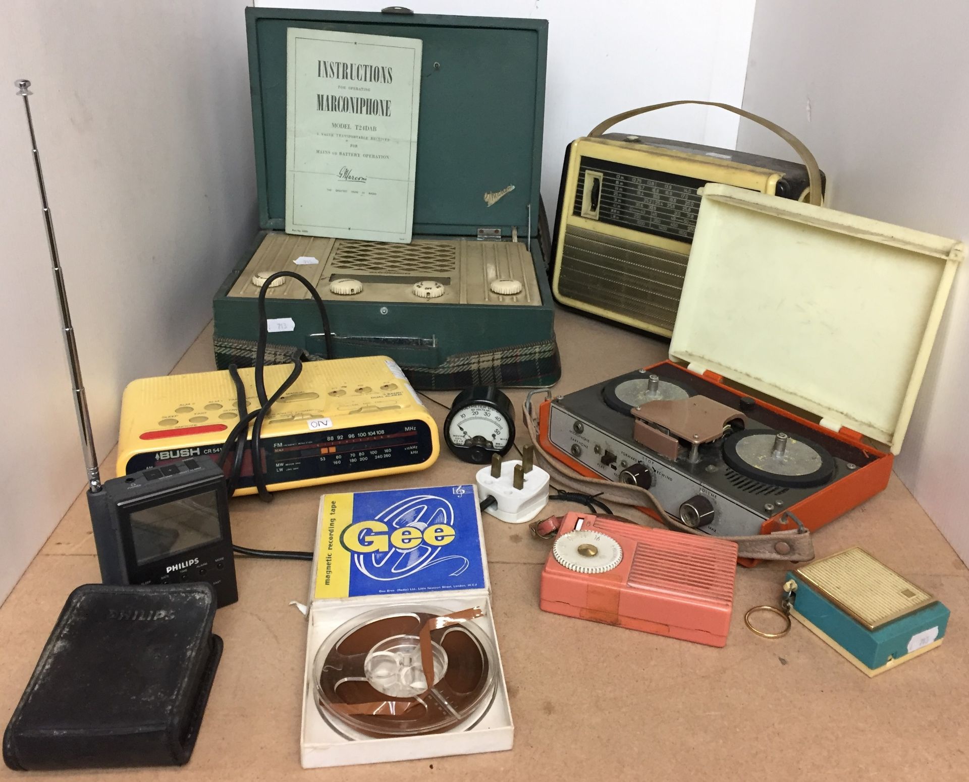 Nine items vintage radios etc including Marconiphone model T24DAB complete with carrying case and