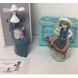 Two Lladro figurines - Time to Sew (blue) 20cm high and Linda Con Cesta 17cm high both with boxes